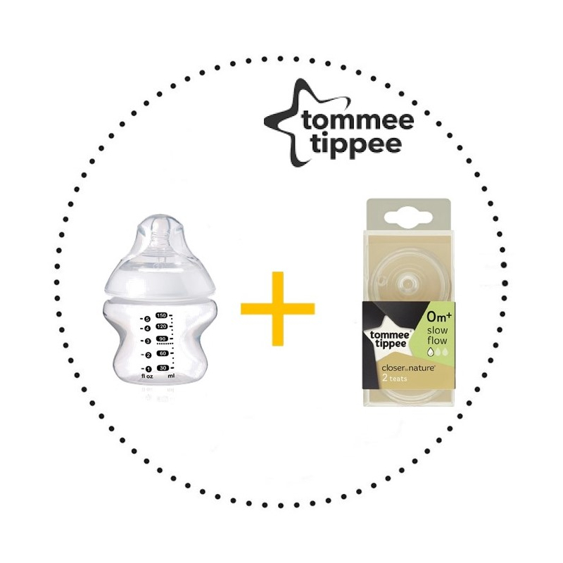 TOMMEE TIPPEE Set Fľaša 150 ml 1ks + Cumlíky pre Fľaše SLOW 0m+ 2ks