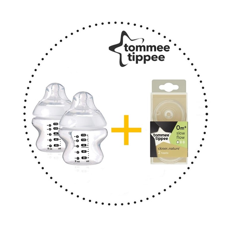 TOMMEE TIPPEE Set Fľaša 150 ml 2ks + Cumlíky pre Fľaše SLOW 0m+ 2ks