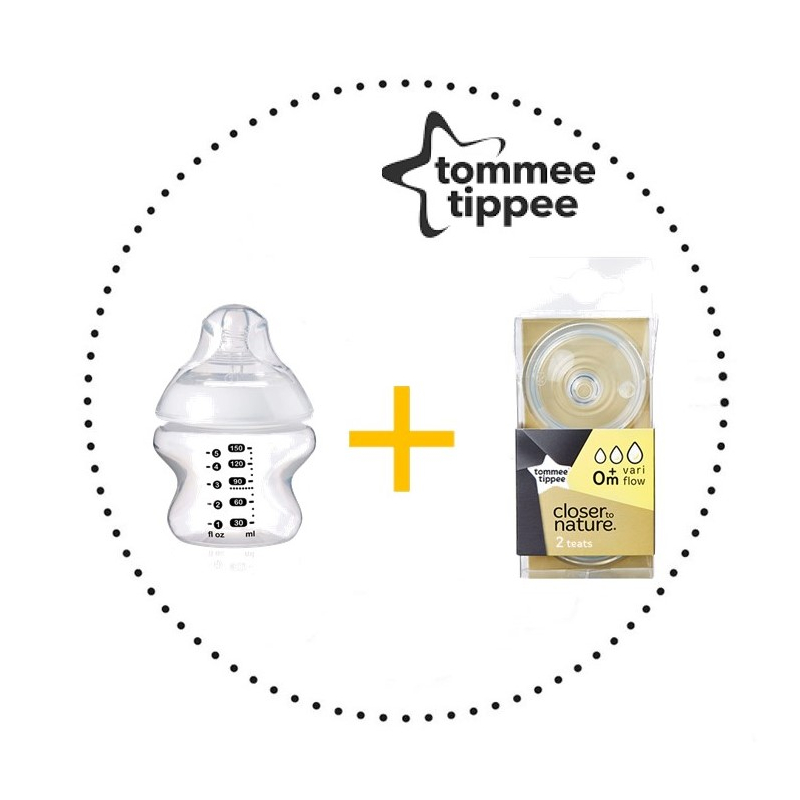 TOMMEE TIPPEE Set Fľaša 150 ml 1ks + Cumlíky pre Fľaše VARIFLOW 0m+ 2ks