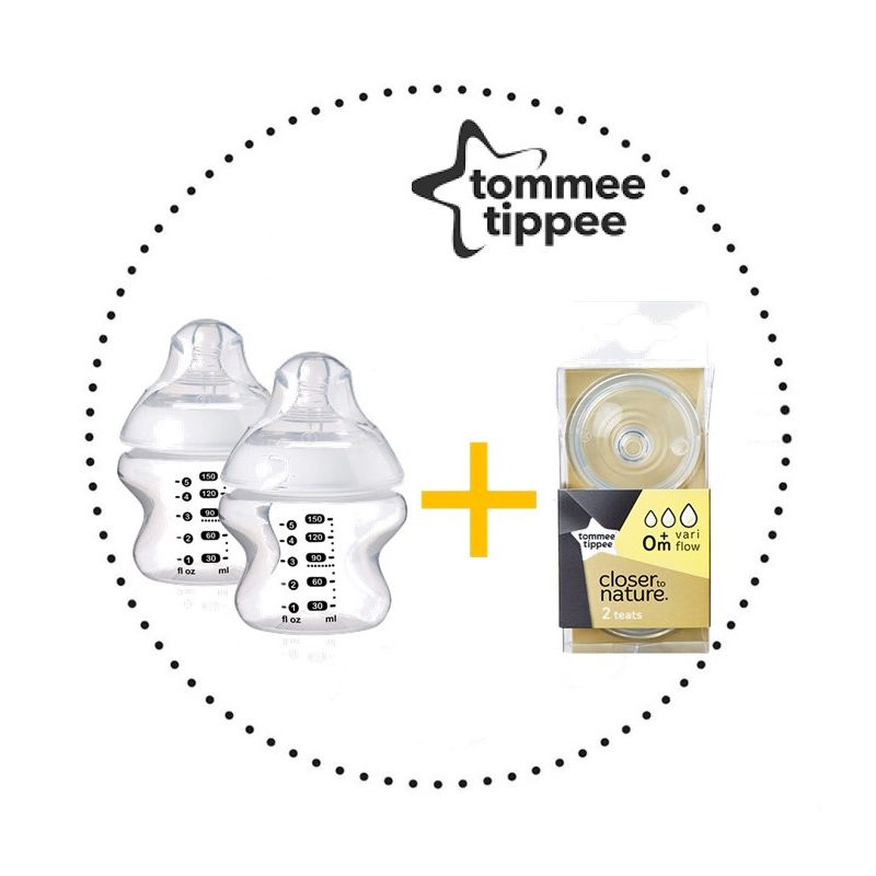 TOMMEE TIPPEE Set Fľaša 150 ml 2ks + Cumlíky pre Fľaše VARIFLOW 0m+ 2ks