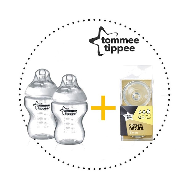 TOMMEE TIPPEE Set Fľaša 260 ml 2ks + Cumlíky pre Fľaše VARIFLOW 0m+ 2ks