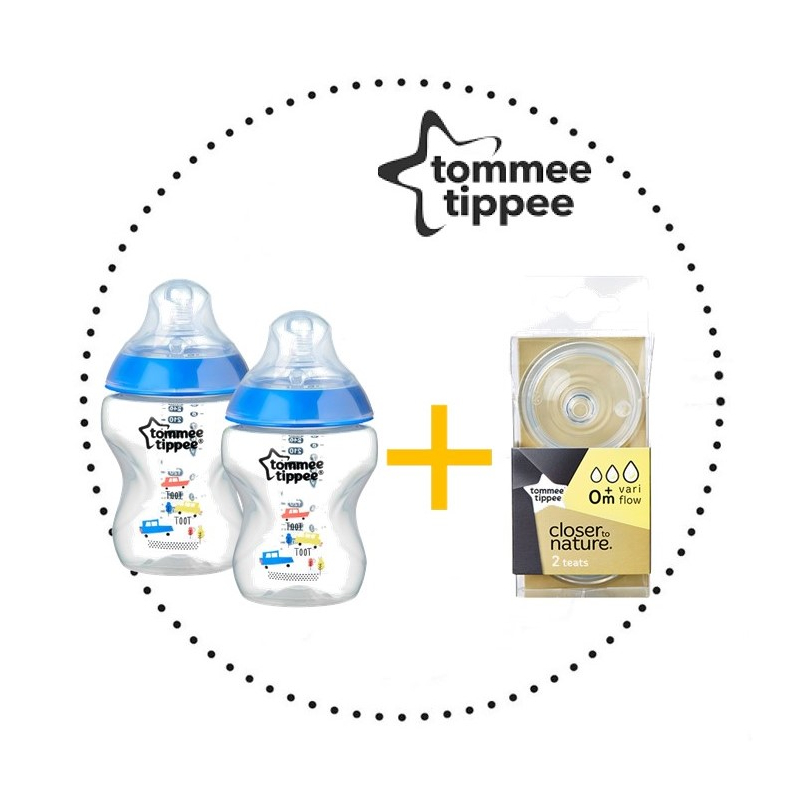 TOMMEE TIPPEE Set Fľaša 260ml DECORATED 2ks + Cumlíky pre Fľaše VARIFLOW 0m+ 2ks