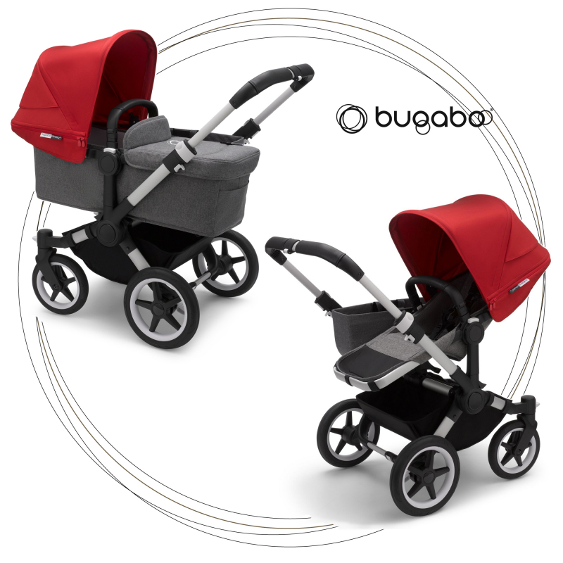 BUGABOO Donkey 3 Mono Podvozok ALU poťah športového sedadla, hlboká vanička GREY MELANGE strieška RED