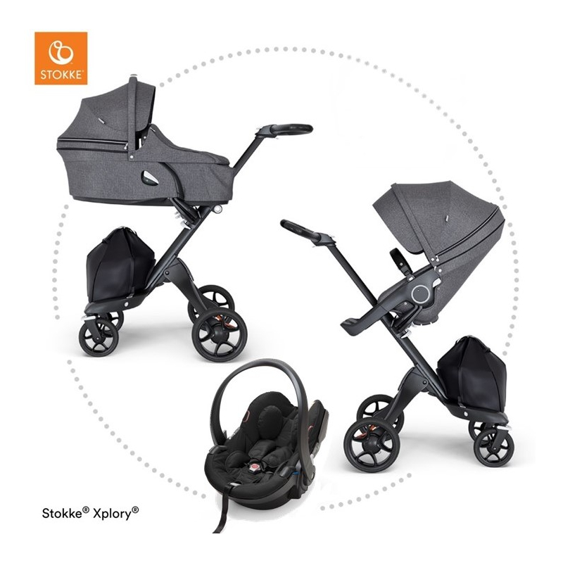 STOKKE Xplory V6 Black/Black športový kočík, hlboká vanička black melange, autosedačka black