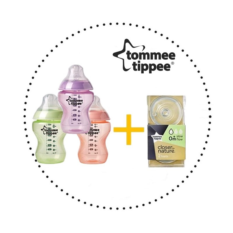 TOMMEE TIPPEE Set Fľaša 260 ml 3ks + Cumlíky pre Fľaše SLOW 0m+ 2ks