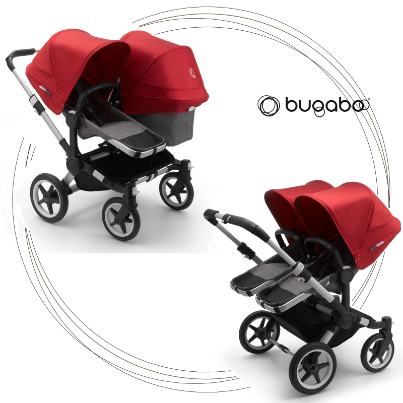 BUGABOO Donkey 3 Duo Podvozok ALU poťah športového sedadla, hlboká vanička GREY MELANGE strieška RED