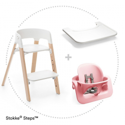 STOKKE Steps jedálenská stolička natural, sedák white, baby set pink, pultík white