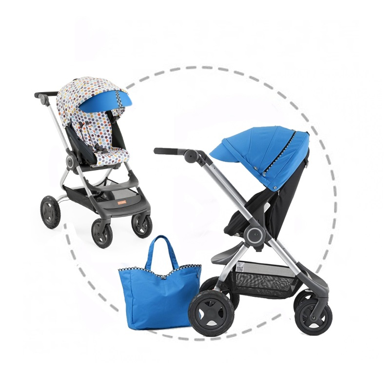 STOKKE Scoot športový kočík Black, racing kit strieška blue, style kit retro dots