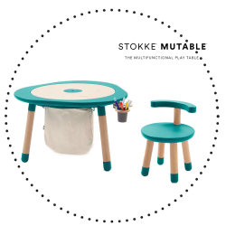 STOKKE MuTable Set stredný ( stolík, stolička, nádoba na ceruzky, odkladacie vrecúško ) - Tiffany