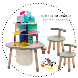 STOKKE MuTable Set veľký ( stolík, 2x stolička, nádoba na ceruzky, odkladacie vrecúško, dom pre hrdinu, nábytok do domu hrdinu )