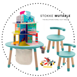 STOKKE MuTable Set veľký ( stolík, 2x stolička, nádoba na ceruzky, odkladacie vrecúško, dom pre hrdinu, nábytok do domu hrdinu )