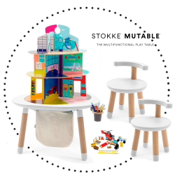 STOKKE MuTable Set veľký ( stolík, 2x stolička, nádoba na ceruzky, odkladacie vrecúško, dom pre hrdinu, nábytok do domu hrdinu )