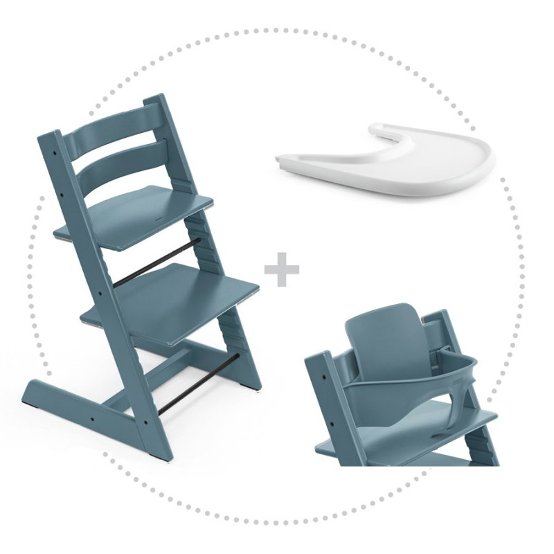 Set STOKKE Tripp Trapp Jedálenská stolička Fjord Blue, Baby set Fjord Blue, Pultík White