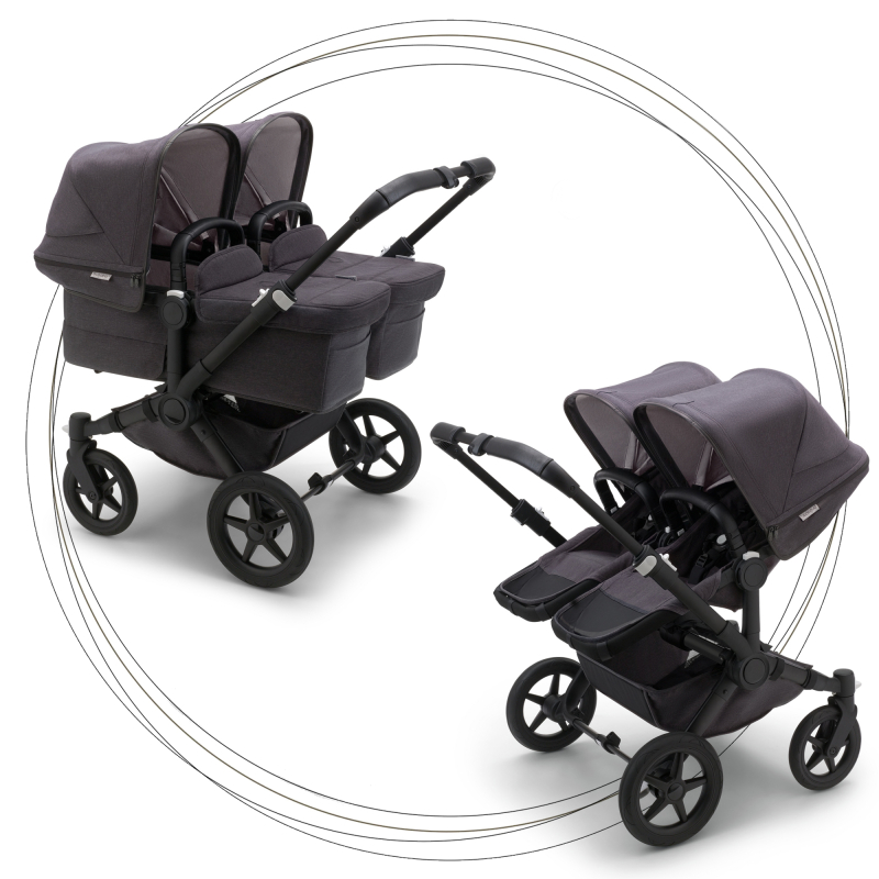 BUGABOO Donkey 5 Mineral Twin Podvozok Black poťah športového sedadla, hlboká vanička WASHED BLACK strieška WASHED BLACK