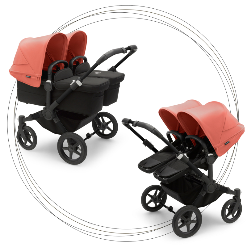 Kočík pre dvojičky BUGABOO Donkey 5 Twin Podvozok Black striešky, set textílií MIDNIGHT BLACK strieška