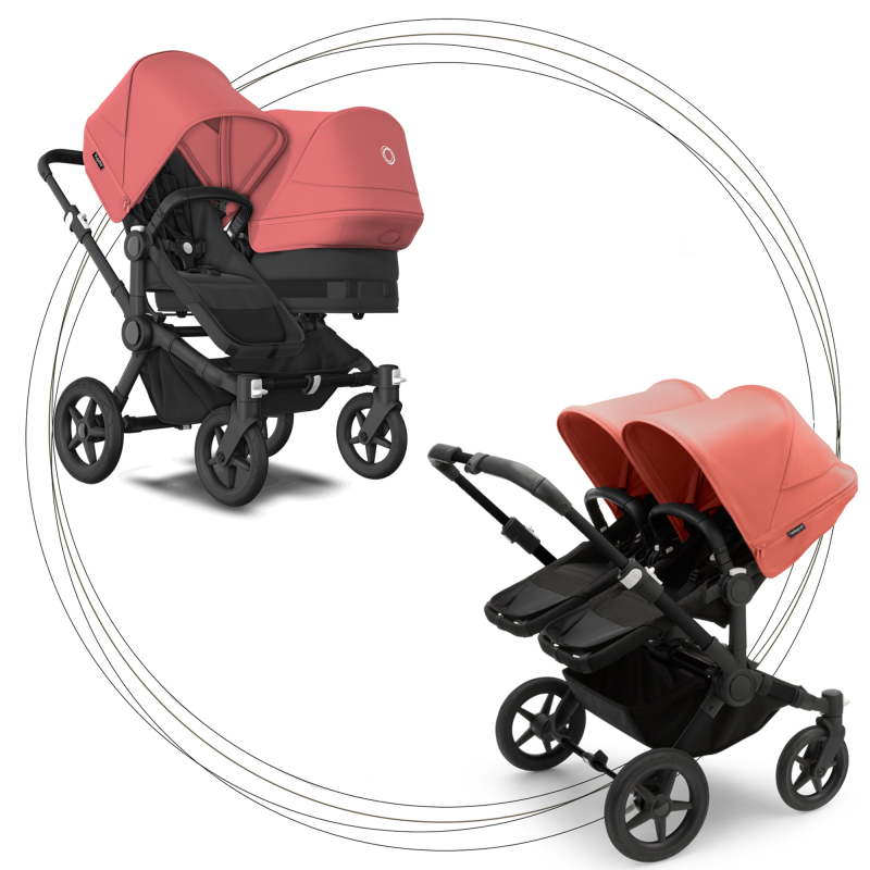 Súrodenecký kočík BUGABOO Donkey 5 Duo Podvozok Black , set textílií Midnight Black striešky Sunrise Red