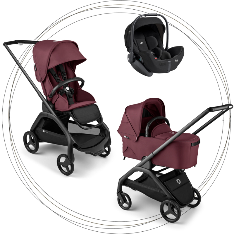 BUGABOO Set Dragonfly - black/dark cherry + autosedačka JOIE i-level eclipse + adaptéry