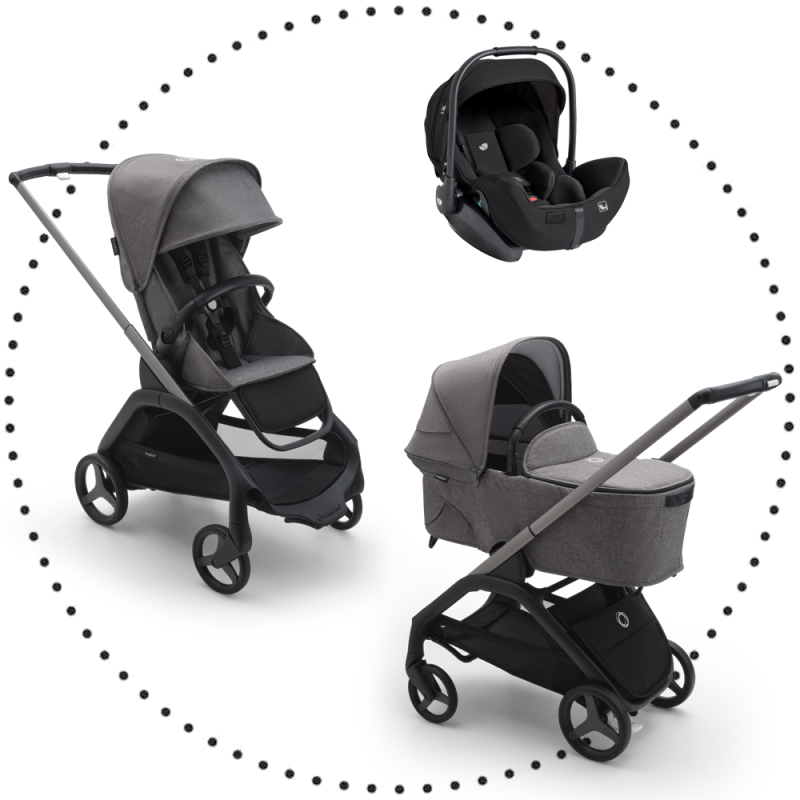 BUGABOO Set Dragonfly - black/grey melange + autosedačka JOIE i-level eclipse + adaptéry