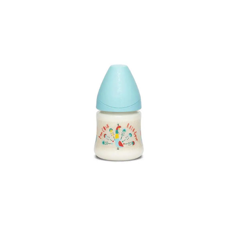 SUAVINEX fľaša 150ml +0m anatomický pomalý prietok modrý páv