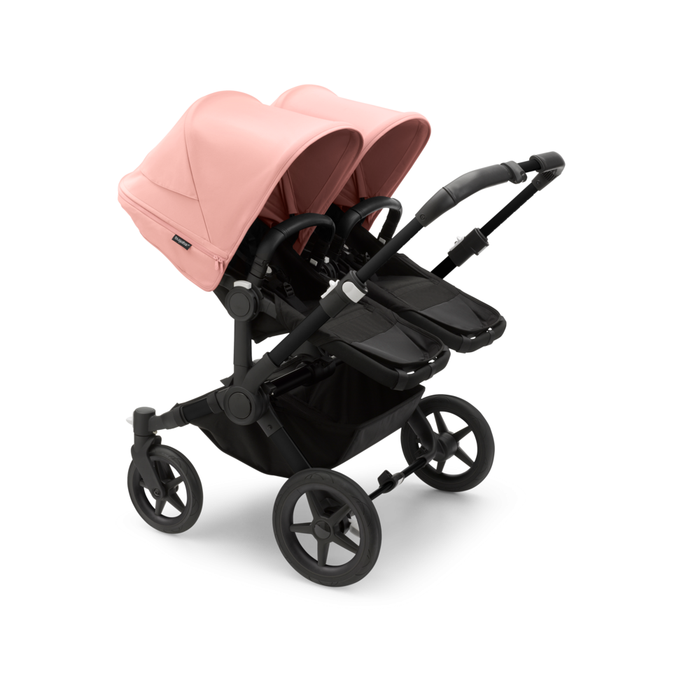 Kočík pre dvojičky BUGABOO Donkey 5 Twin Podvozok Black striešky, set textílií MIDNIGHT BLACK strieška morning pink
