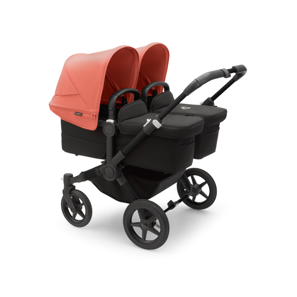 Kočík pre dvojičky BUGABOO Donkey 5 Twin Podvozok Black striešky, set textílií MIDNIGHT BLACK strieška sunrise red