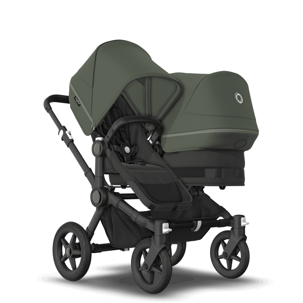 Súrodenecký kočík BUGABOO Donkey 5 Duo Podvozok Black , set textílií Midnight Black striešky Forest Green