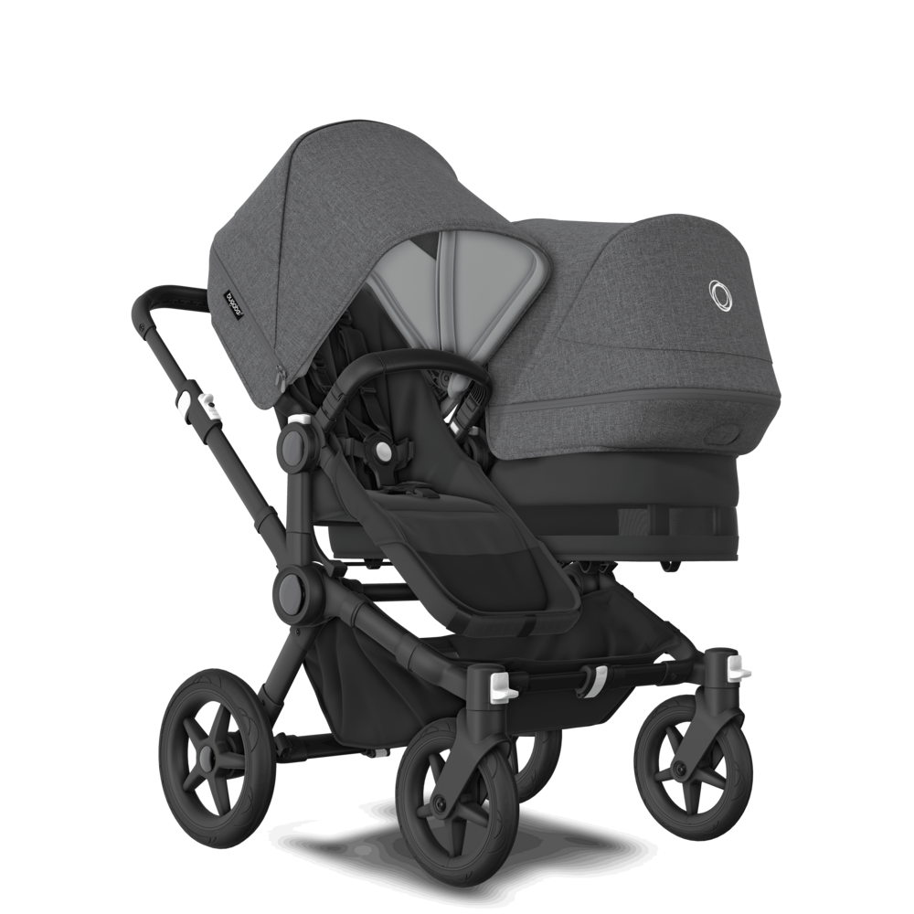 Súrodenecký kočík BUGABOO Donkey 5 Duo Podvozok Black , set textílií Midnight Black striešky Grey Melange