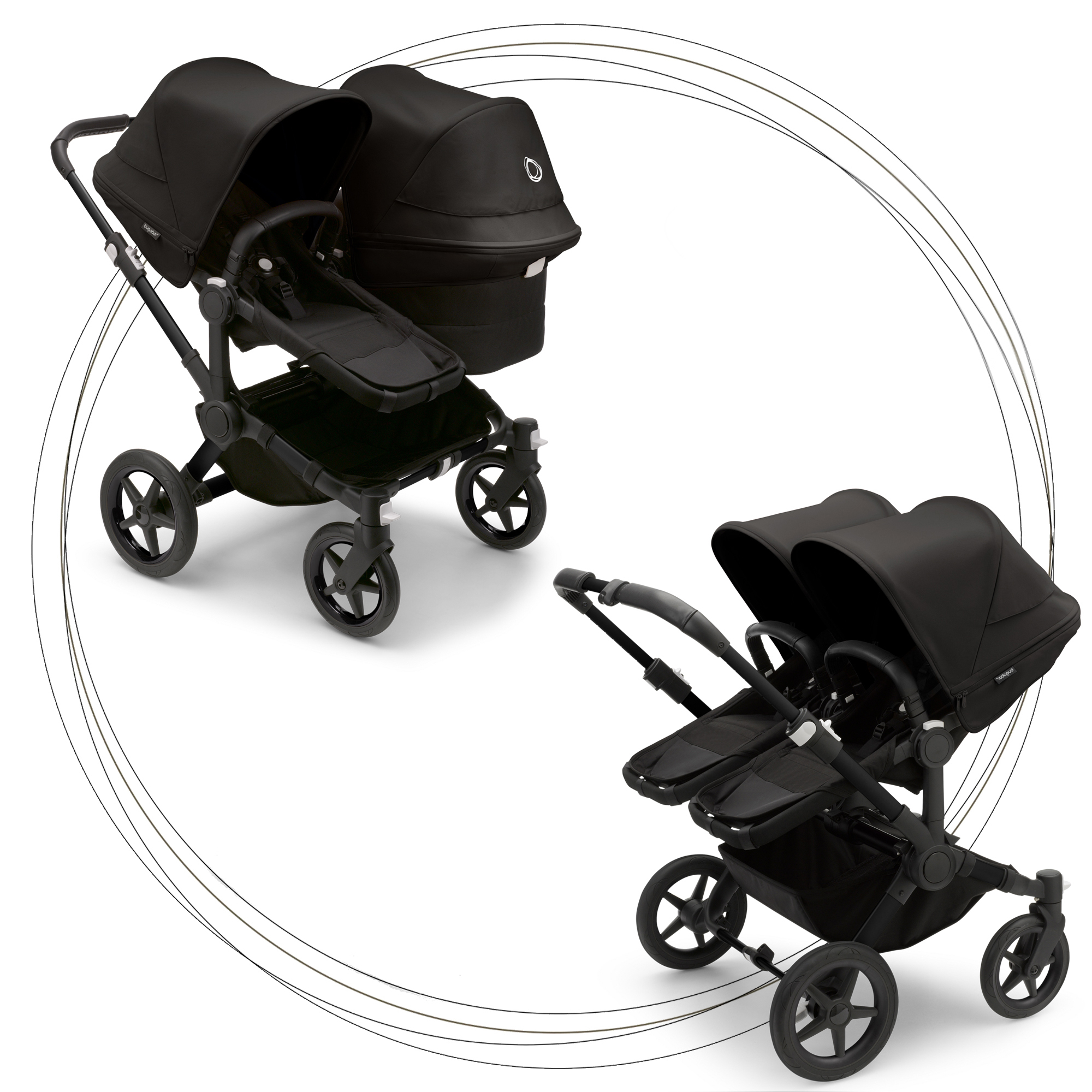 Súrodenecký kočík BUGABOO Donkey 5 Duo Podvozok Black striešky, set textílií MIDNIGHT BLACK