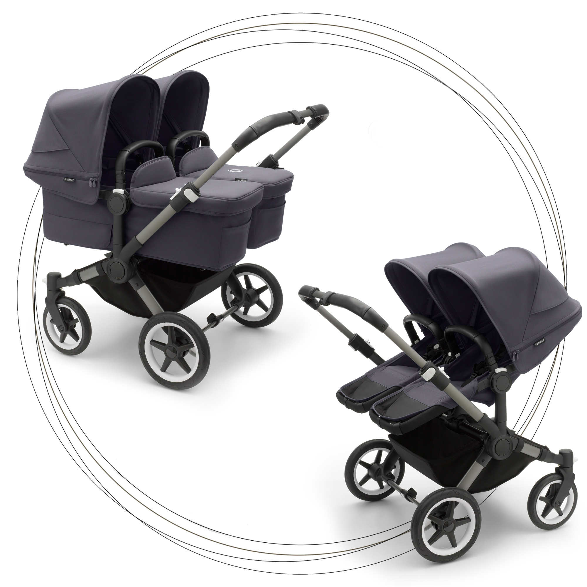 Kočík pre dvojičky BUGABOO Donkey 5 Twin Podvozok Graphite striešky, set textílií STORMY BLUE
