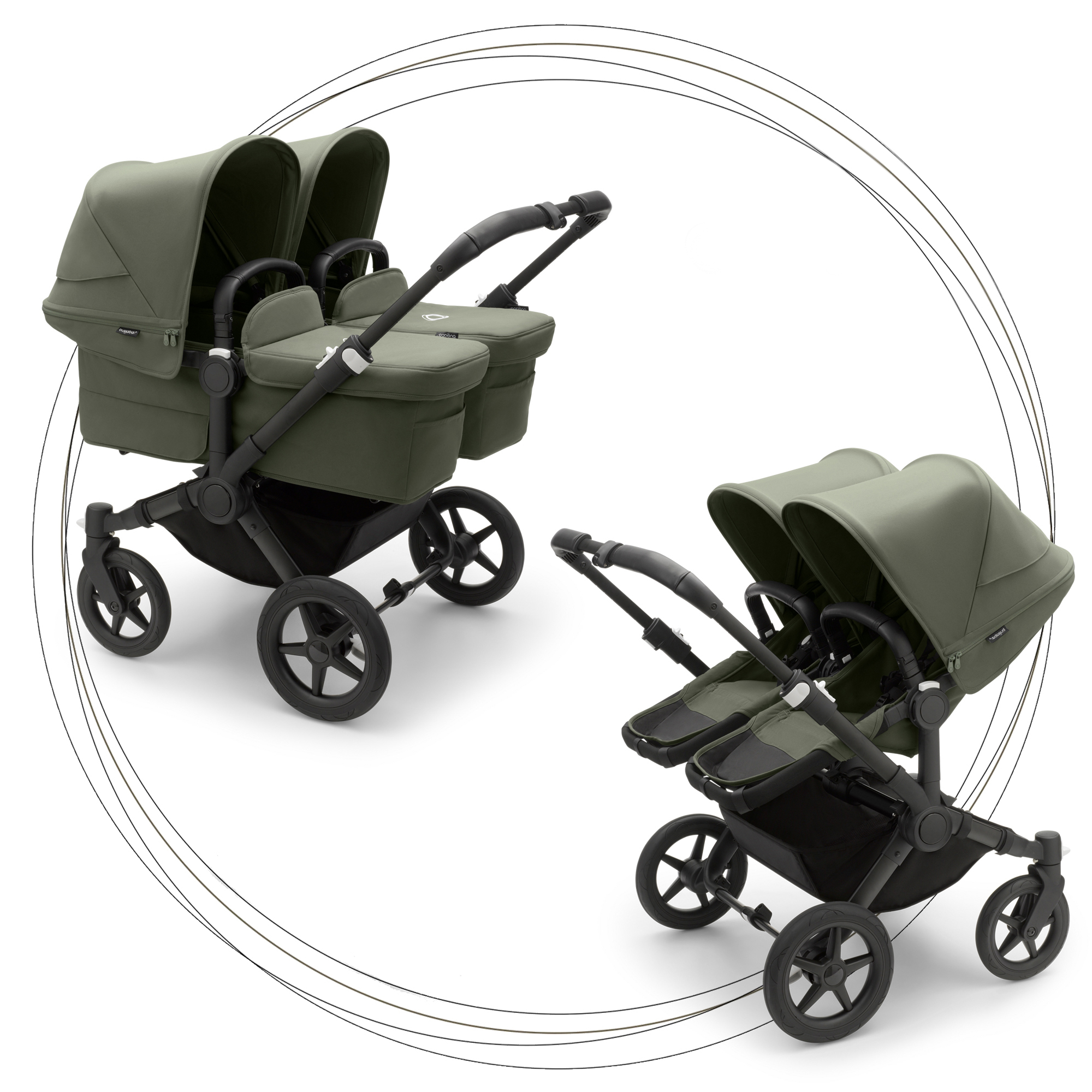 Kočík pre dvojičky BUGABOO Donkey 5 Twin Podvozok Black striešky, set textílií FOREST GREEN