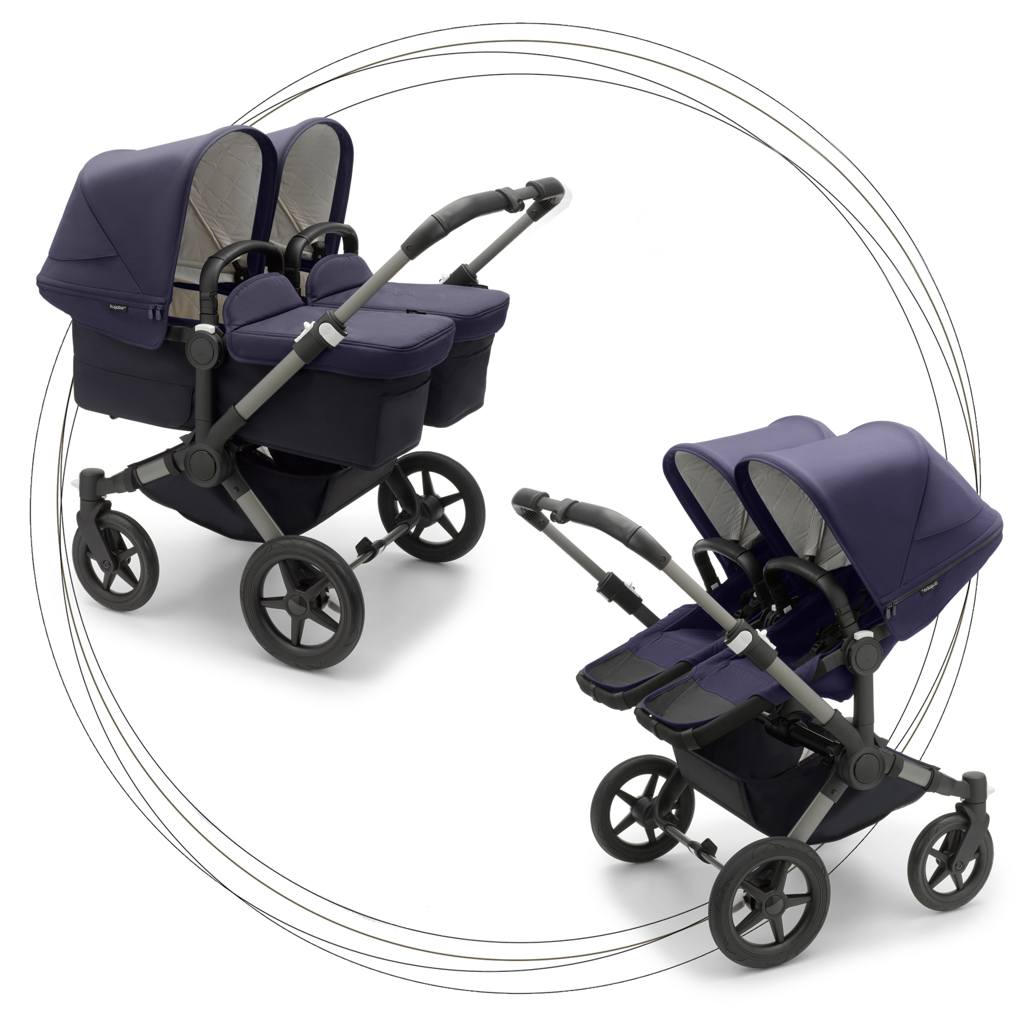 Kočík pre dvojičky BUGABOO Donkey 5 Classic Twin Podvozok Graphite striešky, set textílií DARK NAVY