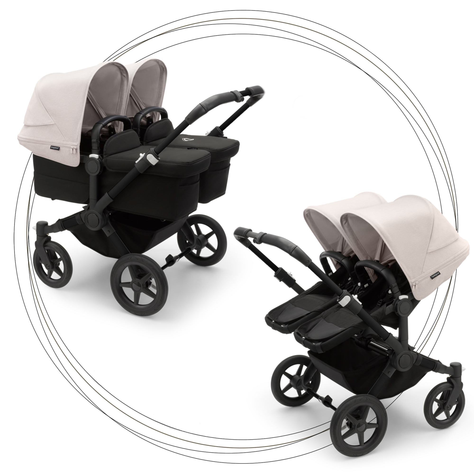 Kočík pre dvojičky BUGABOO Donkey 5 Twin Podvozok Black striešky, set textílií MIDNIGHT BLACK strieška misty white