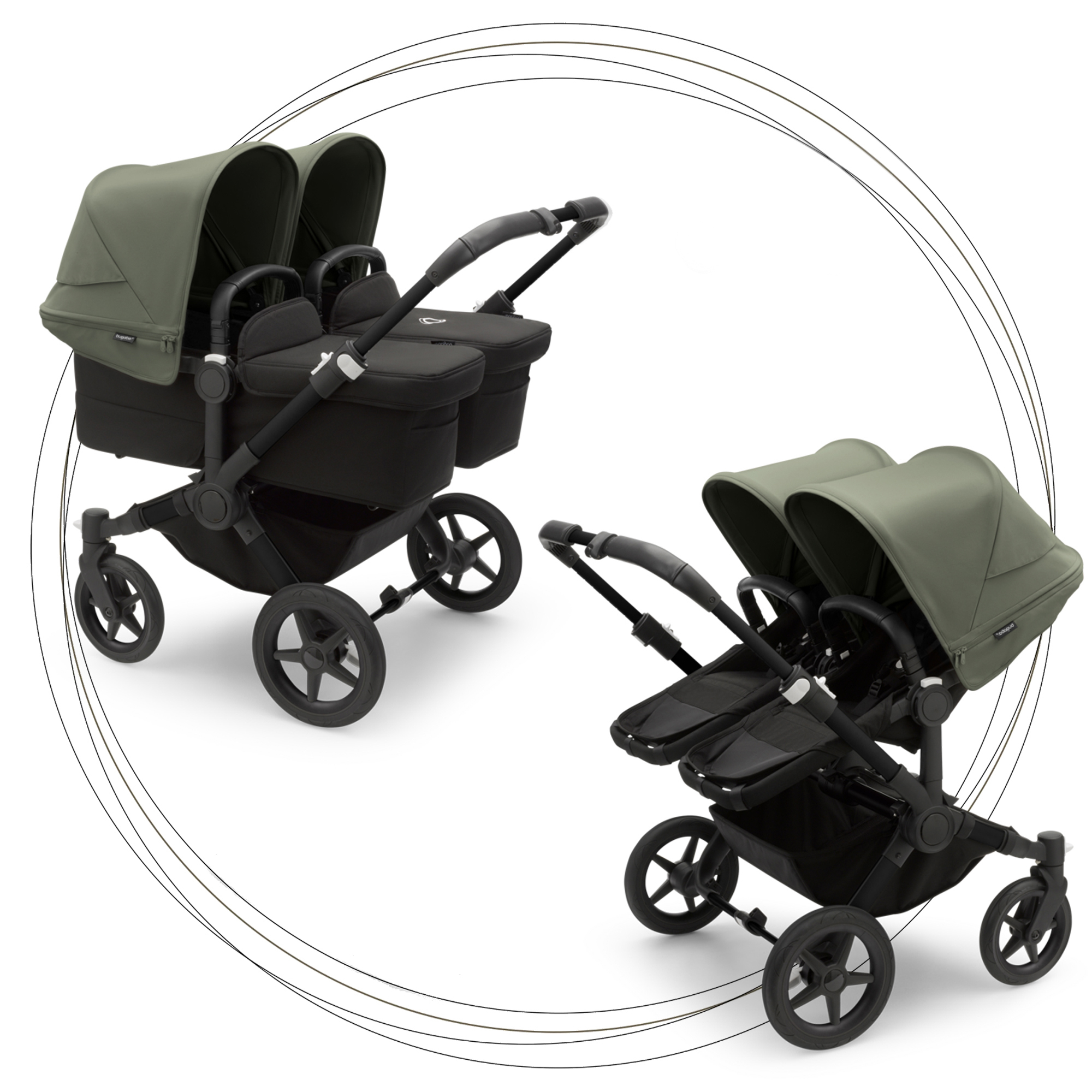 Kočík pre dvojičky BUGABOO Donkey 5 Twin Podvozok Black striešky, set textílií MIDNIGHT BLACK strieška forest green