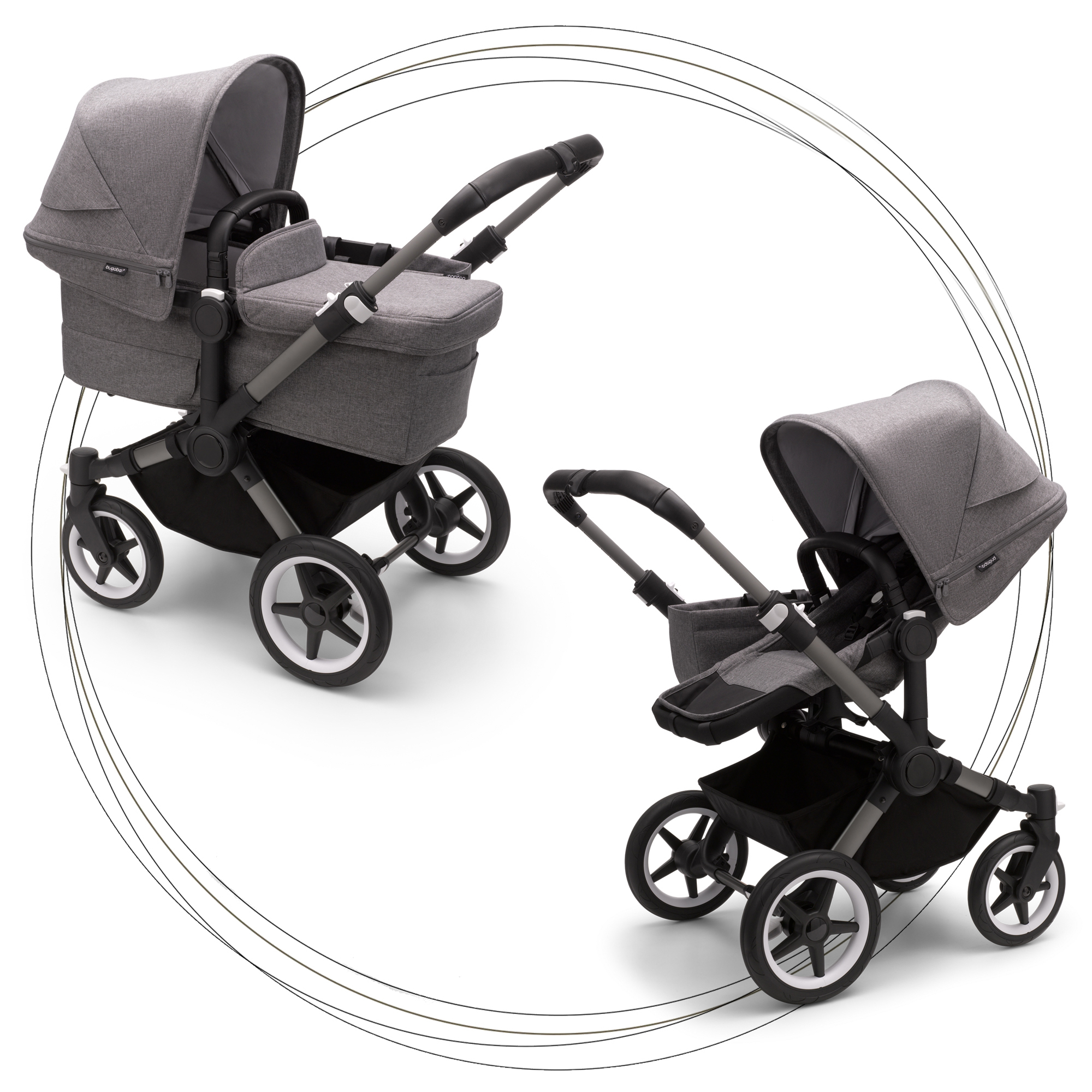 2. kombinácia BUGABOO Donkey 5 Mono Podvozok Graphite striešky, set textílií GREY MELANGE
