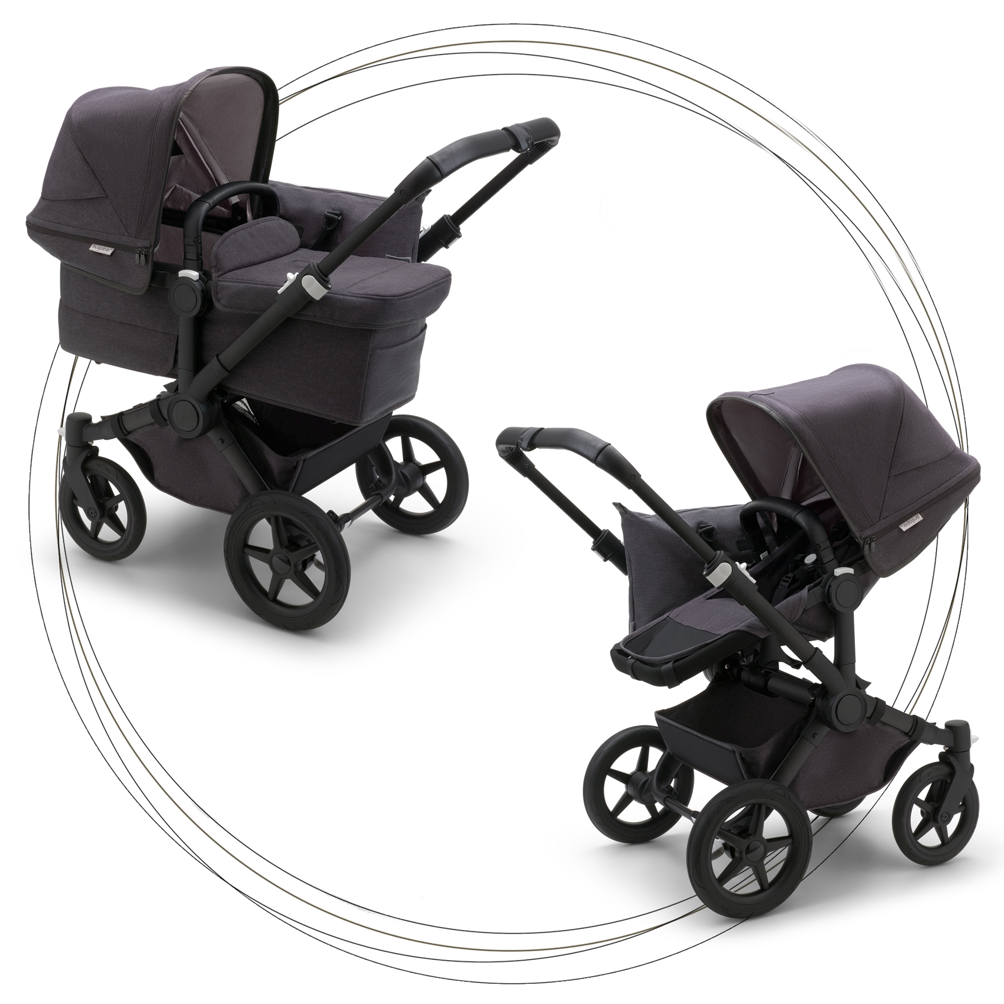 2. kombinácia BUGABOO Donkey 5 Mineral Mono Podvozok Black striešky, set textílií WASHED BLACK