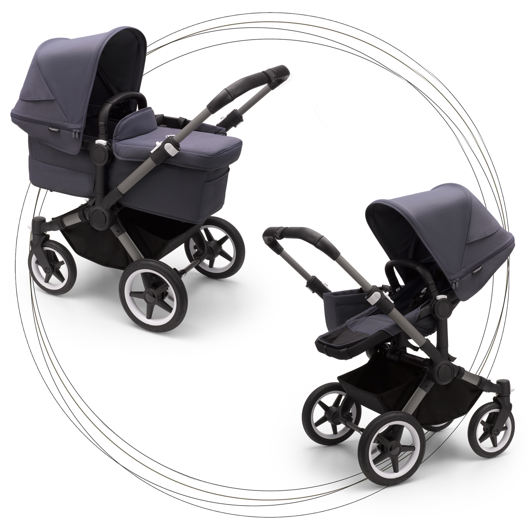 2. kombinácia BUGABOO Donkey 5 Mono Podvozok Graphite striešky, set textílií STORMY BLUE